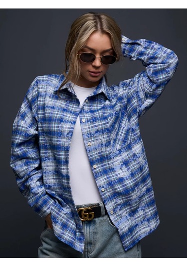 Justfıre Kareli Oversize Gömlek 268682244 Açık Mavi