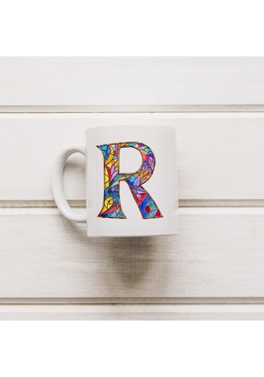 R Harfi Bardak 330 Ml İsme/harfe Özel Hediye, Renkli Harf Tasarım Beyaz