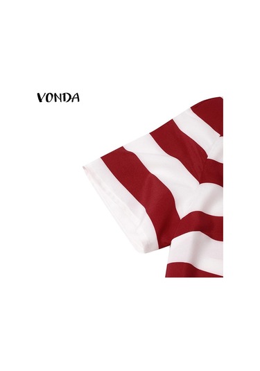 Vonda Kadın Yaz Yuvarlak Yaka Raglan Kısa Kollu Cep Çizgili Bol Uzun Elbise Koyu Mavi