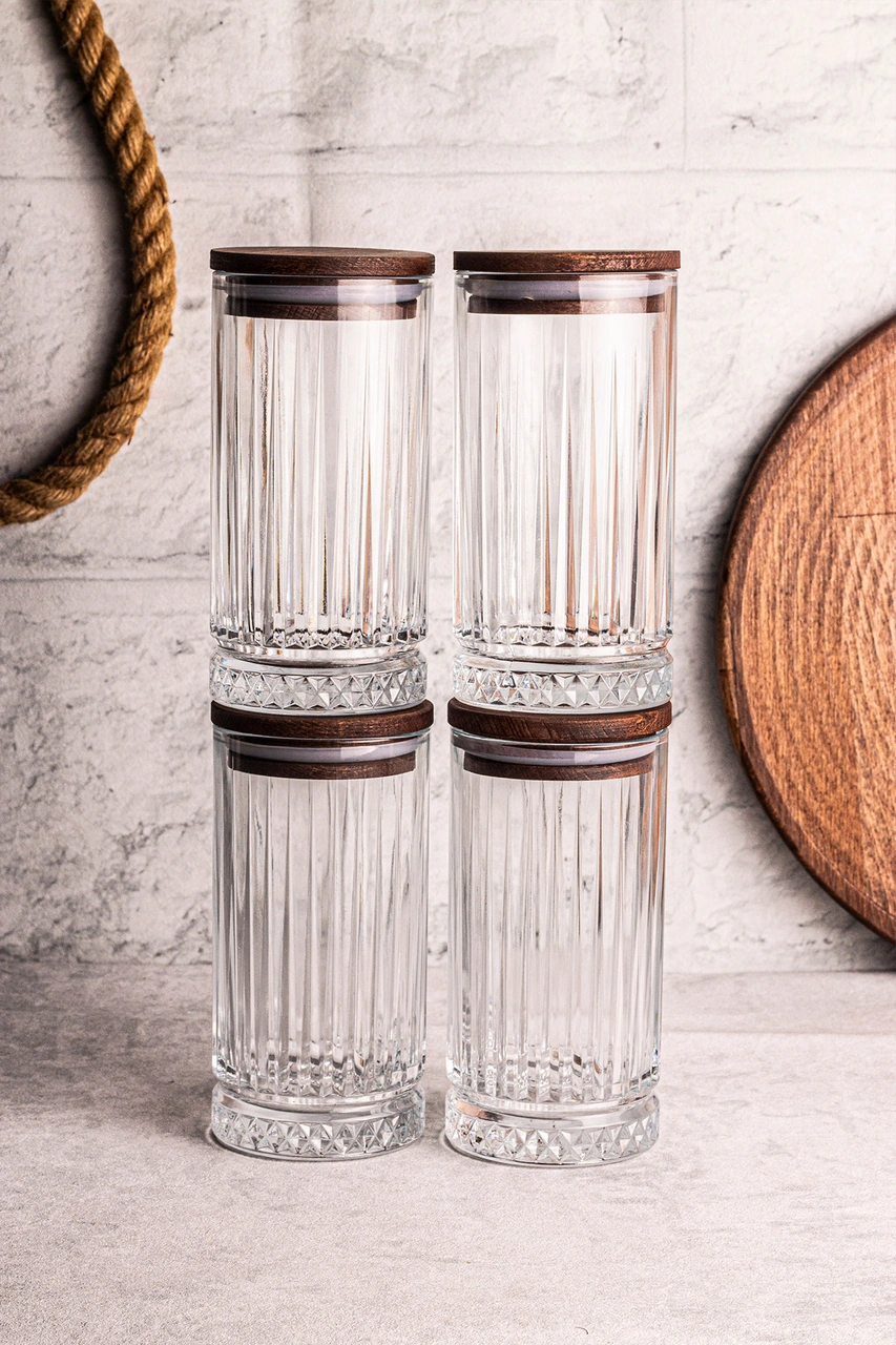 Mira 4'lü Ahşap Vakumlu Kapaklı Cam Saklama Kabı 450 Ml 4 Adet Ahşap