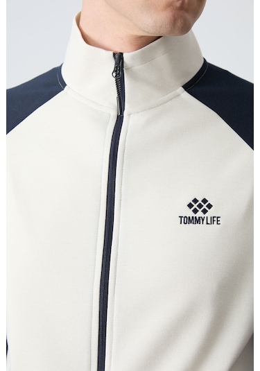 Tommy Life Bej Lacivert Dik Yaka Çift Renk Rahat Form Klasik Paça Erkek Eşofman Takımı - 85113 Bej