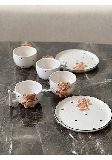 Meggdecor Teddy Bear 6 Parça 2 Kişilik Kahvaltı Seti Beyaz