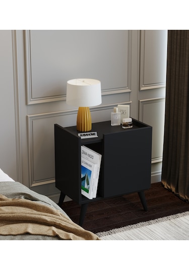 50 Cm Mdf Modern Ayaklı Siyah Komodin Çok Amaçlı Dolap Yan Sehpa