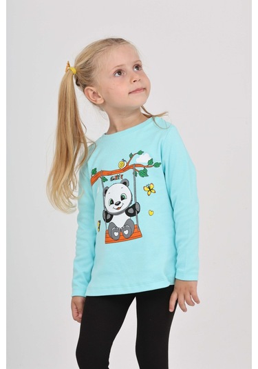 Toontoy Kız Çocuk Sallanan Panda Baskılı Sweatshirt Turkuaz