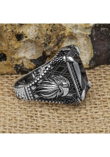 Kartal Motifli Kare Siyah Taşlı 925 Gümüş Erkek Yüzük