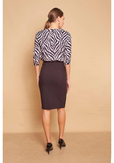 Astarlı Yüksek Bel Diz Altı Hafif Likralı Yırtmaçlı Kumaş Ofis Kalem Etek -siyah Siyah