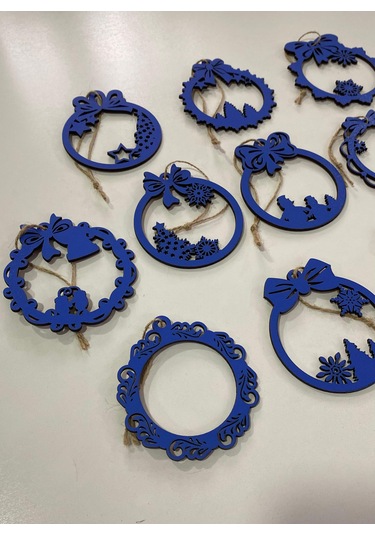 Ahşap 12 Adet Yılbaşı Ağacı Süsü Mavi