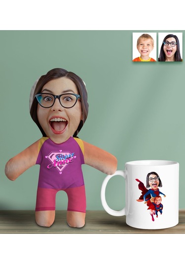 Bk Gift Kişiye Özel Fotoğraflı Pembe Süper Anne Bebek Yastık Ve Kupa Bardak Hediye Seti-4, Anneye Hediye, Anneler Günü Hediyeleri Kobitmeyencom30629 B