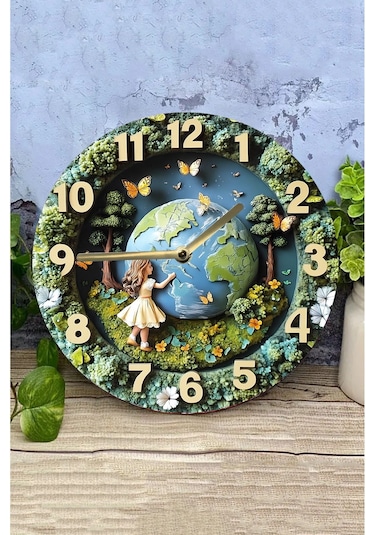 Doğa Ve Dünya Temalı Mdf Duvar Saati 3d Görünümlü, Sessiz Mekanizmalı, 2d Hd Baskı Sdw240 Renkli