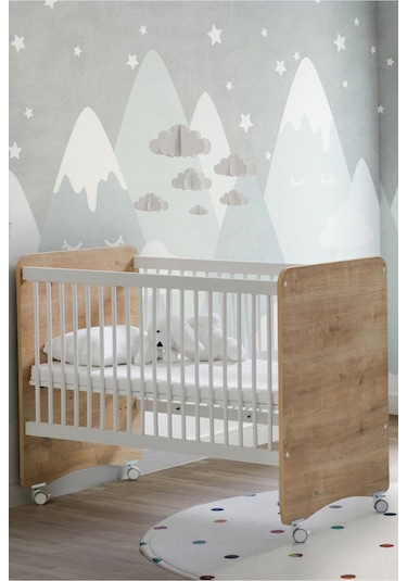 Babywhen 1026 - Tekerlekli Kademeli Pratik Bebek Beşik 60x120 Ahşap