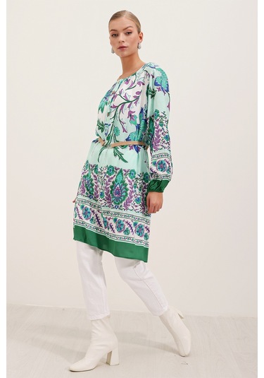 5902 Kemerli Desenli Elbise - Yeşil 001