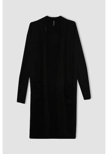 Defacto Regular Fit V Yaka Basic Düz Cepli Uzun Siyah Triko Hırka G5685AZ24AUBK81 Siyah