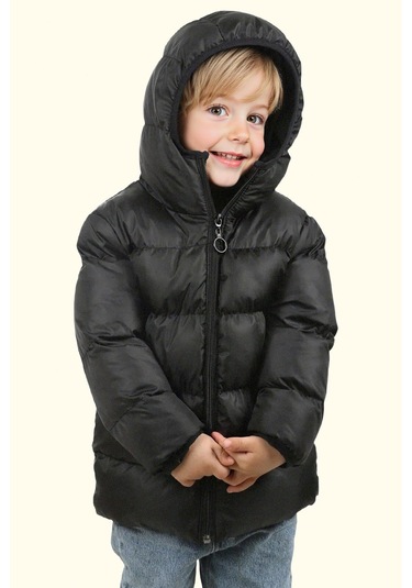 Erkek Çocuk Polarlı Kürklü Kapüşonlu Su Geçirmez Rüzgara Dayanıklı Şişme Kışlık Mont Kaban Siyah