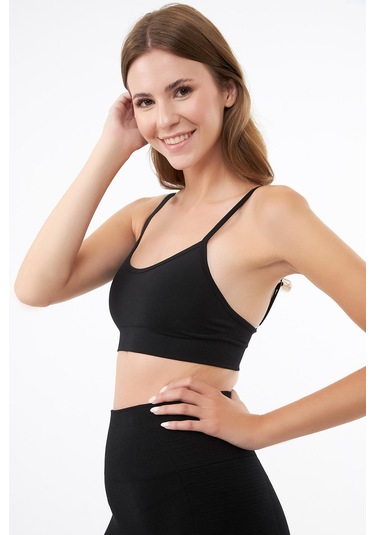 Siyah İp Askılı Çıkarılabilir Kaplı Seamless Kadın Crop Atlet Siyah