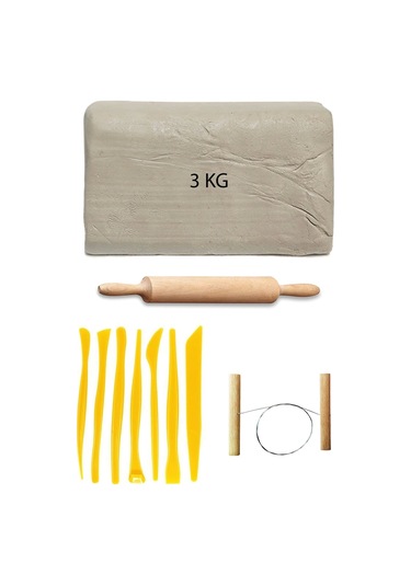 Beyaz Seramik Hamuru 3 Kg Plastik Ebeşuar Seti Kil Seti Seramik Kili Ahşap Merdane Çamur Kesme Teli