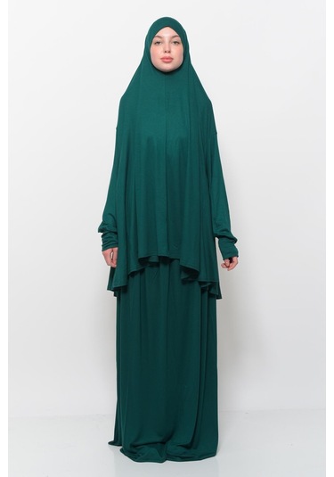 Pratik 2 Parça Pamuklu Yarasa Kollu Başörtülü Tesettür Namaz Elbisesi Yeşil Antrasit