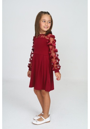 Tül Detaylı Siyah Elbise 2 Bordo