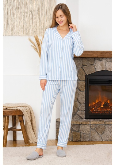 Kadın Çizgili Desen Suprem Pijama Takımı 0492 Mavi01 Mavi01