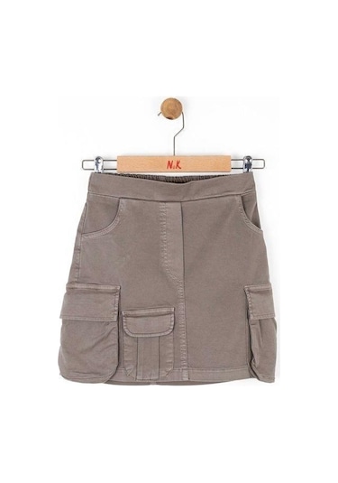 Kız Çocuk Pamuklu Bel Lastikli Kargo Cepli Antik Etek-14744 Haki