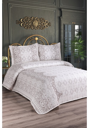 DELÜX MİRA MODEL 3 PARÇA YASTIKLI YATAK ÖRTÜSÜ PİKE TAKIMI Krem - Kahverengi