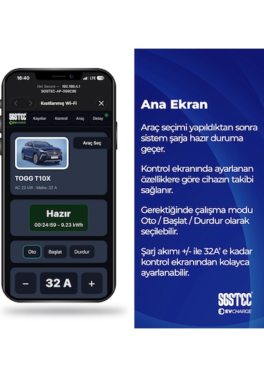 SGSTEC Flex 22kW Soketli Elektrikli Araç Şarj Cihazı
