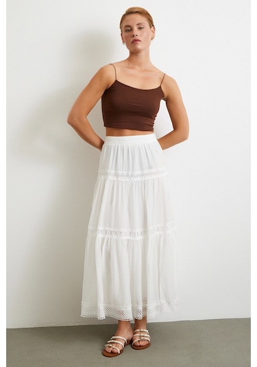 Dantelli Maxi Etek Beyaz Beyaz
