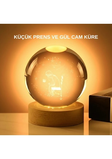 8 Cm Küçük Prens Cam Küre Usb Işıklı Ahşap Tabanlı Dekor 02