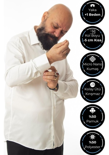 Krem Ekstra Büyük Yaka 4 Drop Rahat Kesim Micro Kumaş Kol Düğmeli Regular Fit Erkek Gömlek - 189-10-dc24w 001