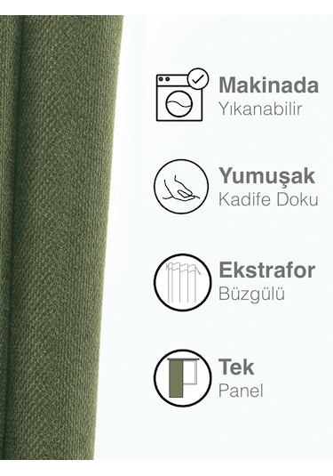 Kadife Dokulu Zeytin Yaprağı Ada Fon Perde Ekstrafor Büzgülü Zeytin Yaprağı
