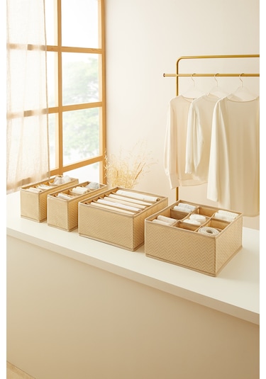 Ocean Home Textile 4'lü Bölmeli Bej Balıksırtı Çekmece İçi Düzenleyici Kutu Set