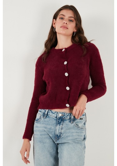 Lela Fitted Fit Bisiklet Yaka Yumuşak Dokulu Crop Bayan Hırka 4615559 Bordo