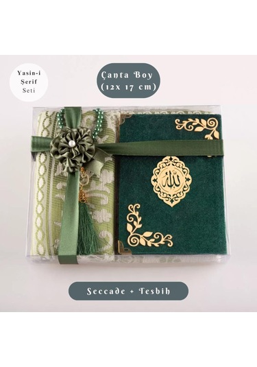 Yasin + Seccade + Tesbih Hediye Seti Çanta Boy, Raşel Cilt, Şemslafzatullah, Yeşil