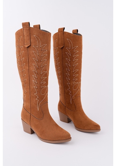 Muggo Texas Sivri Burun Nakışlı Kalın Topuklu Kadın Kovboy Western Çizme TABA SÜET