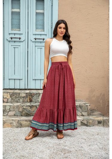 Kadın Bohem Retro Baskılı Salıncak Etek Kırmızı