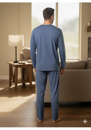 Erkek Mavi Uzun Kol Pijama Takım Açık Mavi