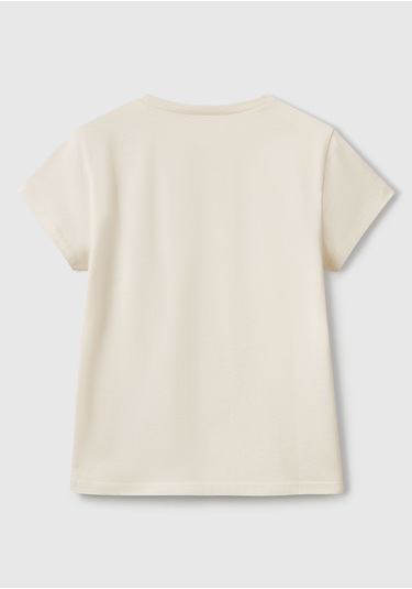 Kız Çocuk Krem Simli Logo Baskılı T-shirt Bej
