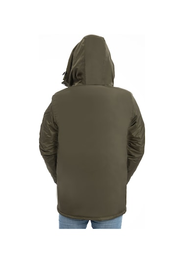 Erkek Haki Içi Polarlı Kürklü Su Ve Rüzgar Geçirmez Kapüşonlu Kışlık Mont & Kaban & Parka Haki