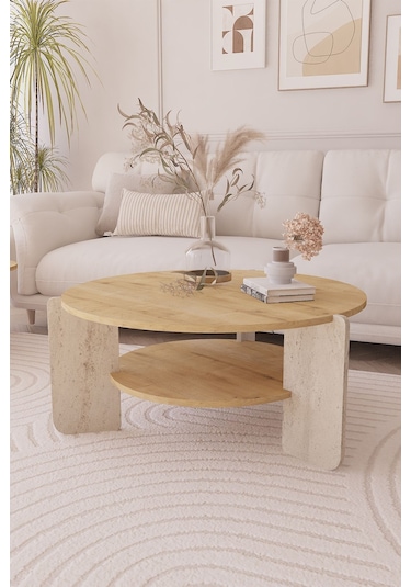 İskandinav Orta Sehpa 90 Cm, Bohem - Safir Meşe & Traverten