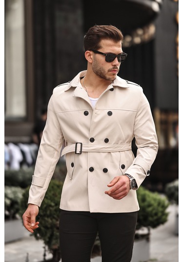 Mero Life Erkek Mevsimlik Astarlı Kemerli Kruvaze Trençkot - Taş  Rengi Taş