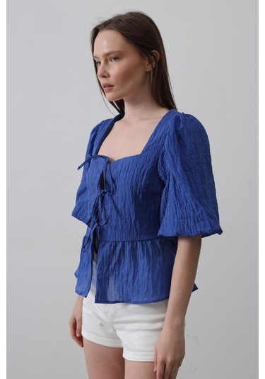 Sensuelle Kare Yaka Balon Kol Bluz - Mavi Mavi
