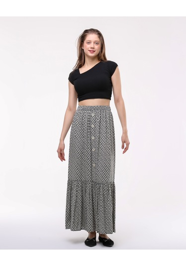 Önden Düğmeli Tek Fırfırlı Uzun Çingene Etek Beyaz