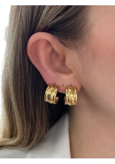 Vintage Çizgili Yarım Halka Çelik Kararmaz Küpe Çifti Altın