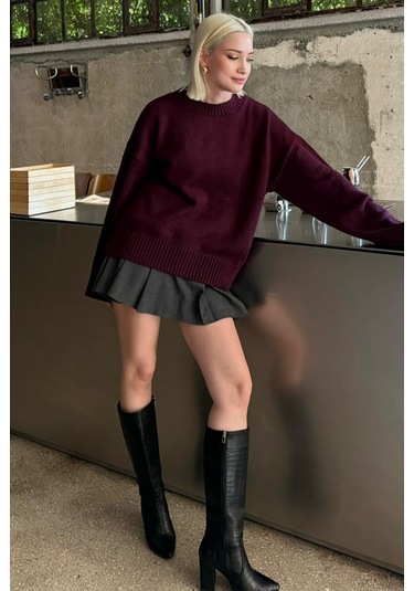 Mürdüm Bisiklet Yaka Oversize Triko Kazak Mg1972 Mürdüm