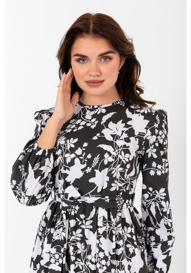 Yaprak Desenli Renkli Pamuklu Yazlık Baharlık Kuşaklı Elbise 2101 Siyah