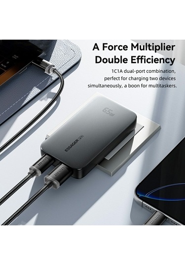 Tongxida 65w Hızlı Şarj Adaptörü, Usb A + C Çift Bağlantı, Ultra İnce Seyahat Şarj Cihazı, Siyah