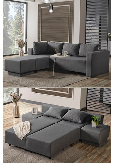 Kagu Corner Poly-l Köşe Takimi-kanepe-yatak-dinlenme Koyu Gri