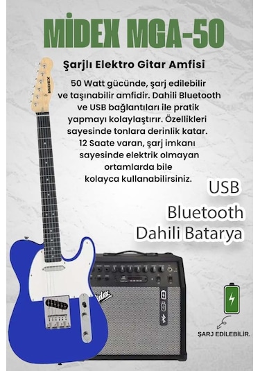 Midex Tlx-50bl-50amp Tele Kasa Maple Klavye 2 Single-coil 50w Amfili Elektro Gitar