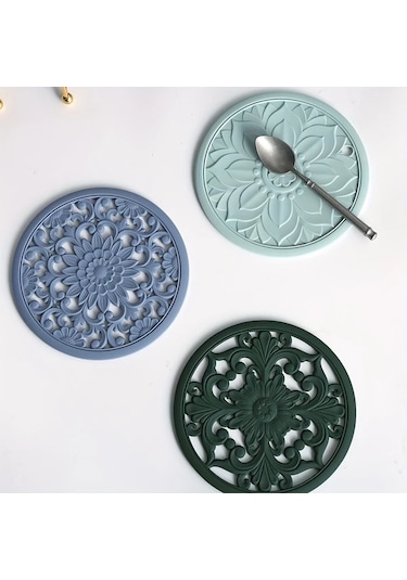 Brightnova 3'lü Awoo Dekoratif Silikon Tutucu Koyu Yeşil 16cm Isıya Dayanıklı Kaydırmaz Mutfak Matı