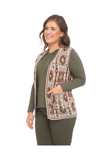 Uludağ Triko Kadın Kilim Desen Yelek / Taş