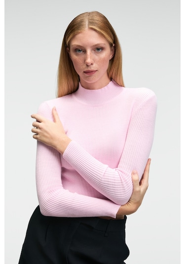 Grimelange CALIDA Kadın Dik Yaka Fitilli Görünümlü Slim Fit Triko Pembe Kazak